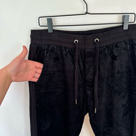 Black Velvet Star Embossed Elastic Waist Drawstring Straight Leg Tuxedo Stripe P - Picture 5 of 16